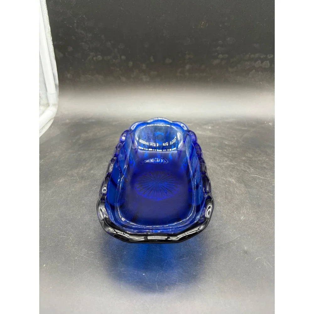 Vintage Cobalt Blue Glass Relish Dish Scalloped Sunburst Oval Serving Bowl 8.5